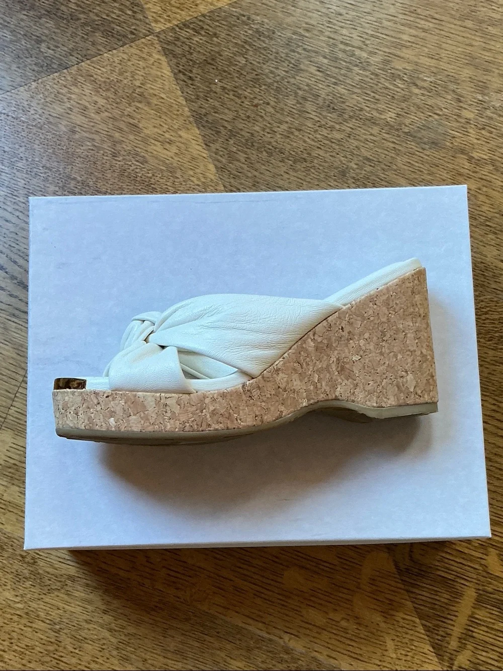 NWT Jimmy Choo Latte Knot Cork Platform Sandals with Gold Accent